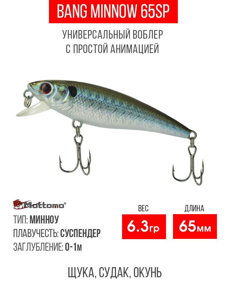 

Воблер Mottomo Bang Minnow 65SP 6,3g Natural Shad, Разноцветный, Bang Minnow