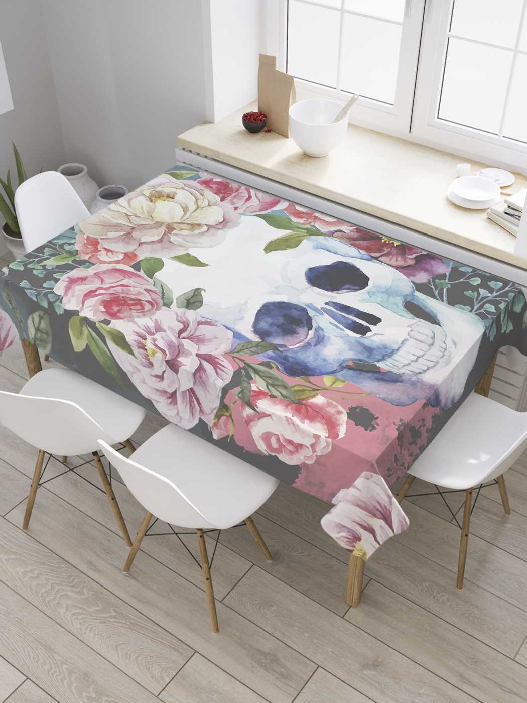 

Скатерть прямоугольная JoyArty "Череп с розой" из сатена, 180x145 см, Розовый, Череп с розой