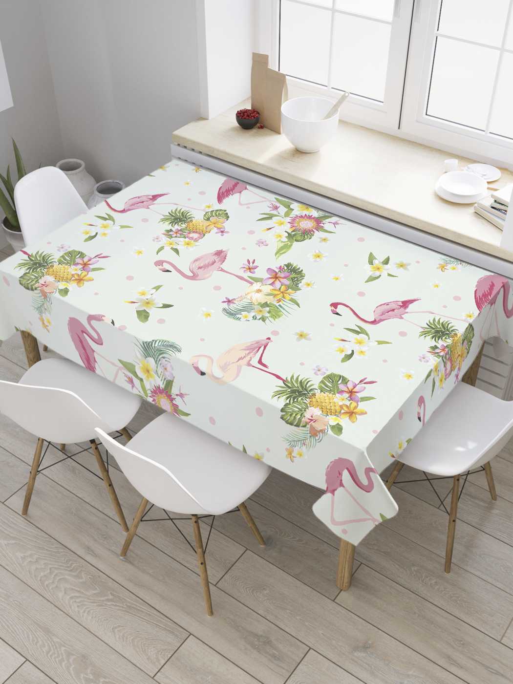 

Скатерть прямоугольная JoyArty "Фламинго в цветах" из сатена, 180x145 см, Белый, Фламинго в цветах