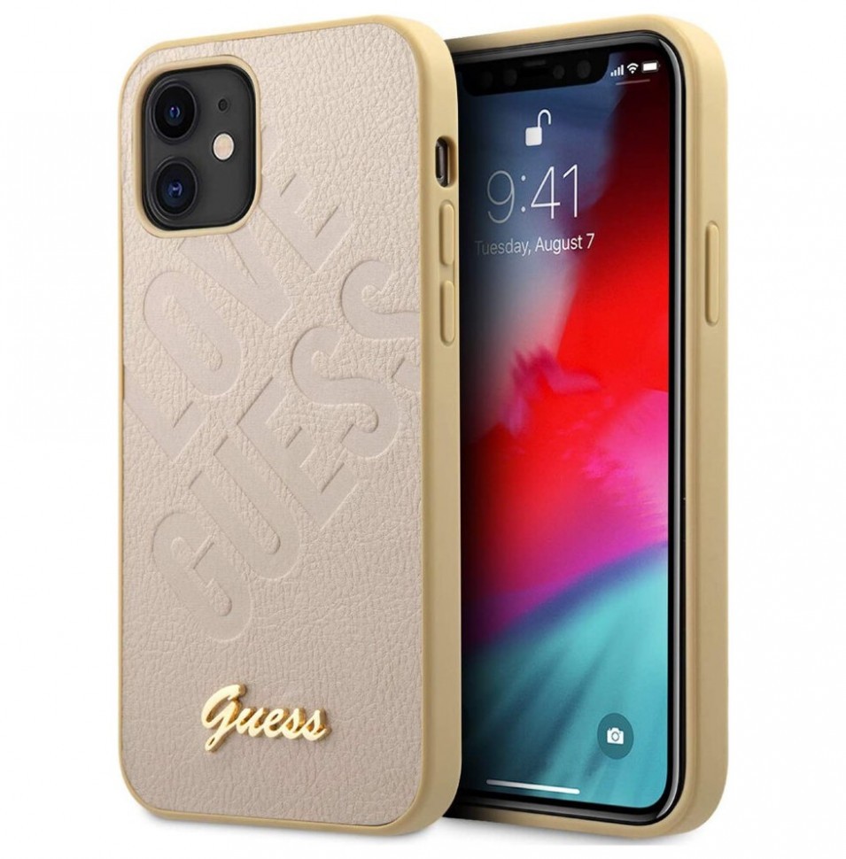 фото Чехол cg mobile guess iridescent "love" with metal logo iphone 12 mini золотой