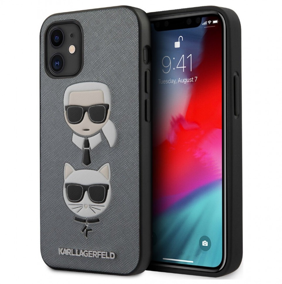 фото Чехол cg mobile karl lagerfeld saffiano karl and choupette iphone 12 mini серебристый