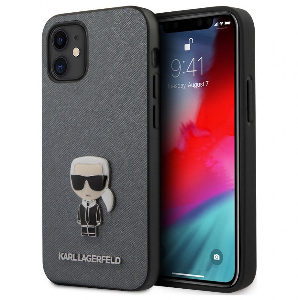 фото Чехол cg mobile karl lagerfeld saffiano ikonik karl iphone 12 mini серебристый