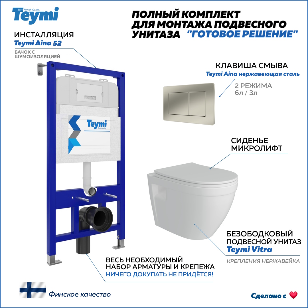 Инсталляция с унитазом комплект 5в1 Teymi унитаз подвесной Vitra кнопка нержавейка F13363 34130₽