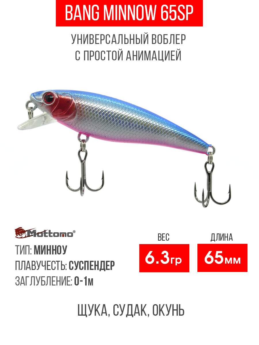 

Воблер Mottomo Bang Minnow 65SP 6,3g Red Blue, Разноцветный, Bang Minnow