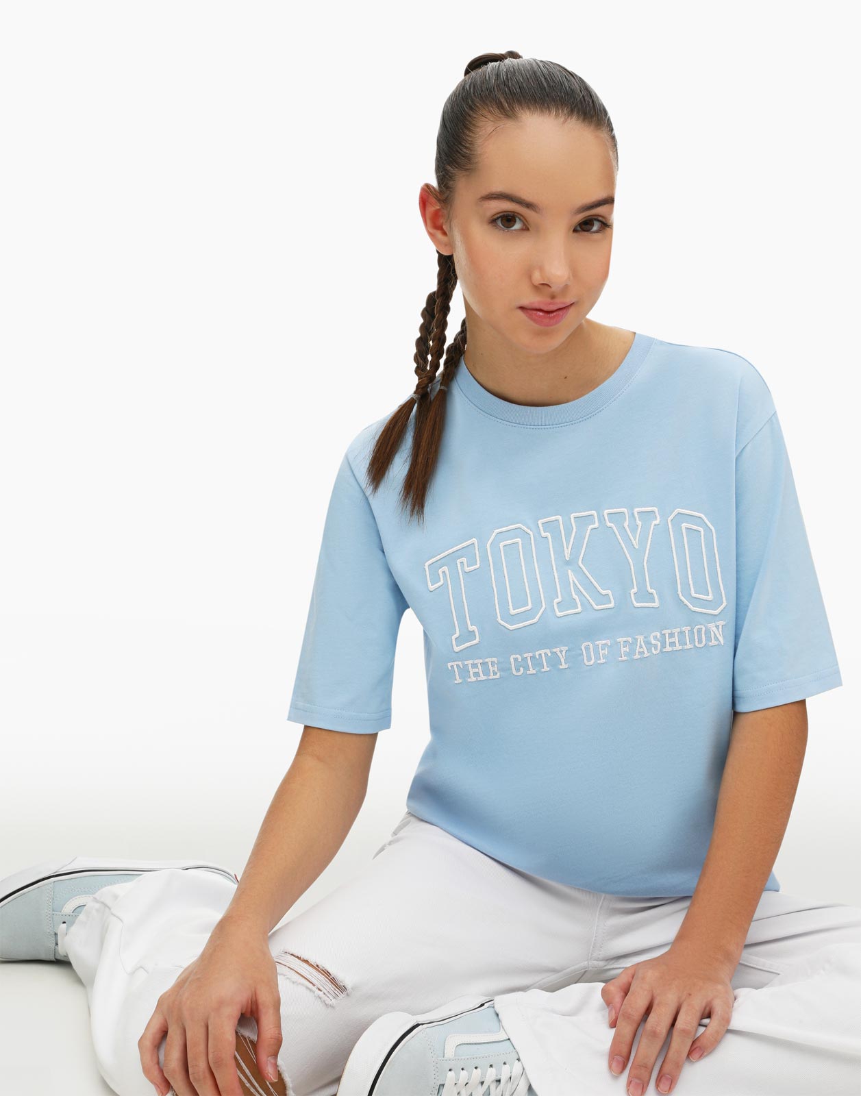Голубая superoversize футболка с принтом для девочки 5-6л/116