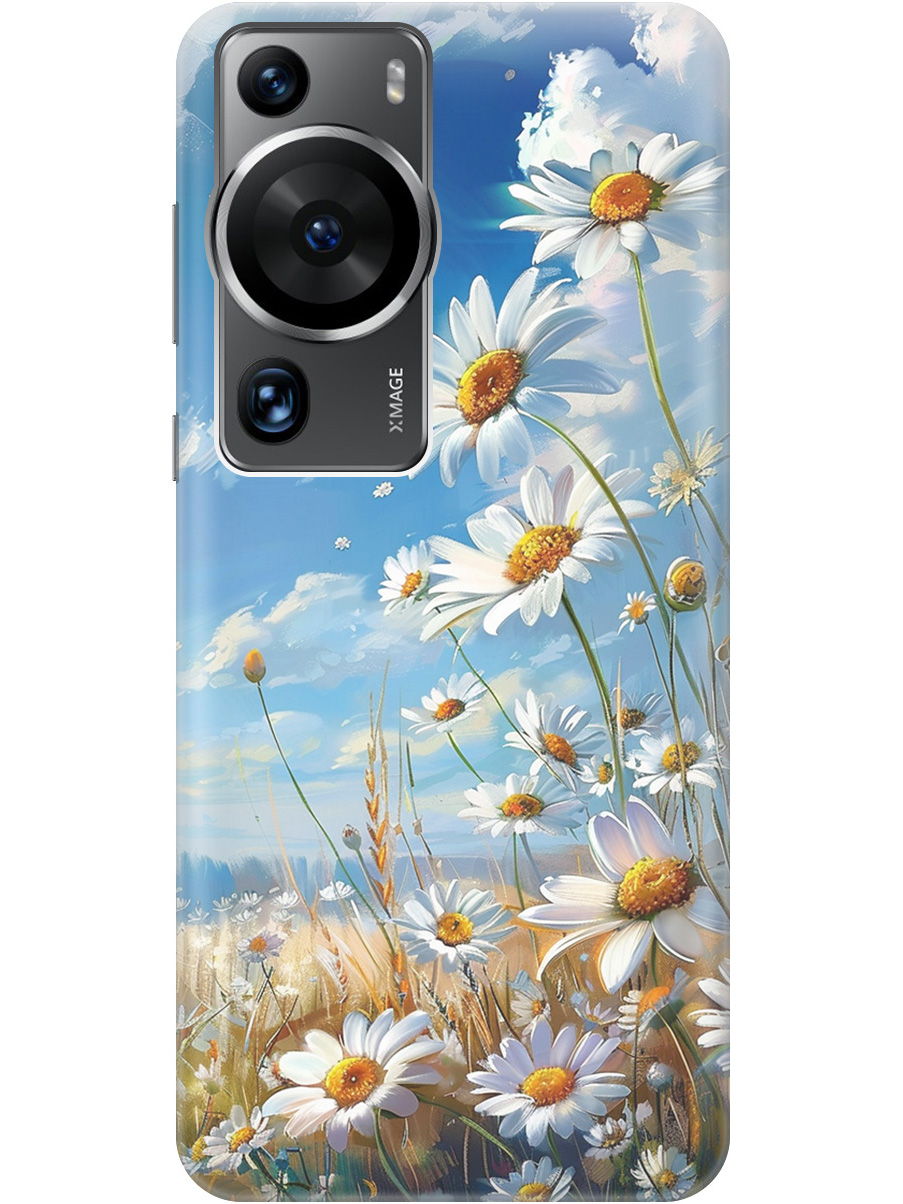 

Силиконовый чехол на Huawei P60 Pro с рисунком "Ромашки на поле", Белый;синий, 20001421