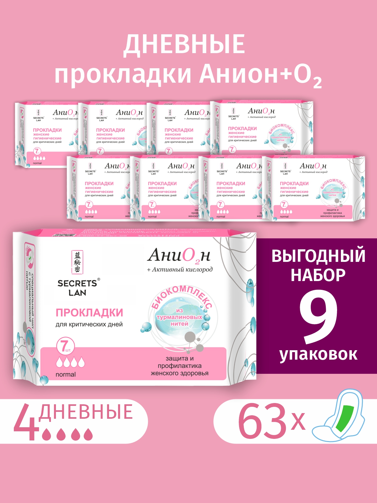 Прокладки Secrets Lan гигиенические для критических дней Анион, 7 шт. х 9 уп. chicco прокладки для груди антибактериальные 30 шт