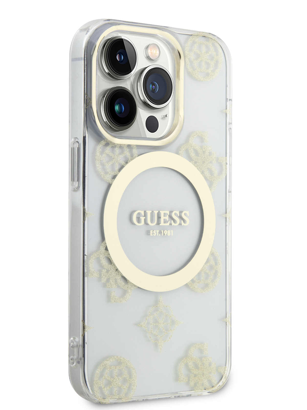 Чехол Guess для iPhone 14 Pro MagSafe с принтом, прозрачный/золотой