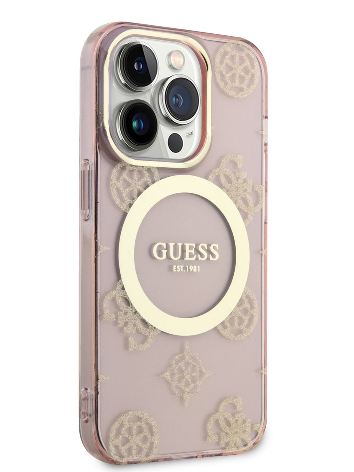 Чехол Guess для iPhone 14 Pro MagSafe с принтом Pink/Gold