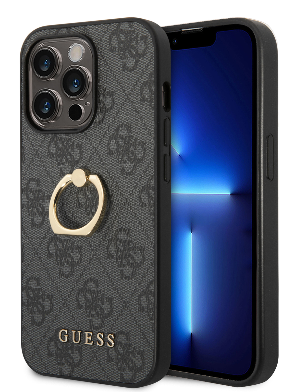 

Чехол Guess для iPhone 14 Pro Max с кольцом Grey, Серый, PU leather