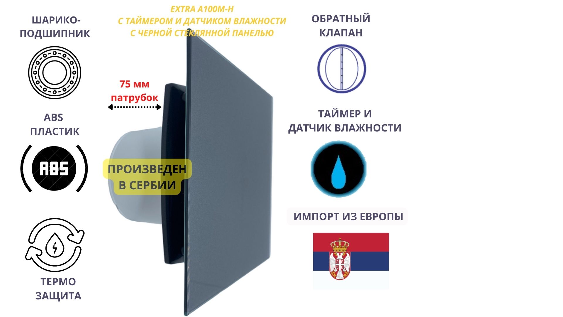 Вентилятор MTG 100M-H с таймером и датчиком влажности d100мм, черное стекло IP-100M-H+Glass-black белый