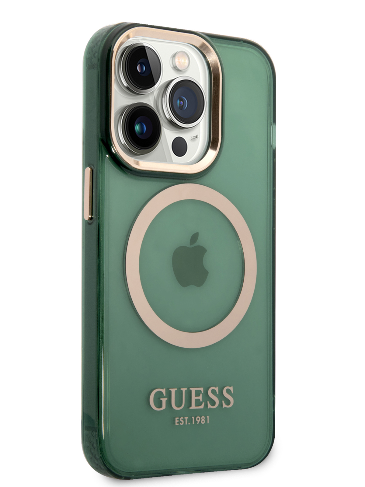 

Чехол Guess для iPhone 14 Pro с MagSafe Green/Gold, Прозрачный;зеленый, PC/TPU MagSafe