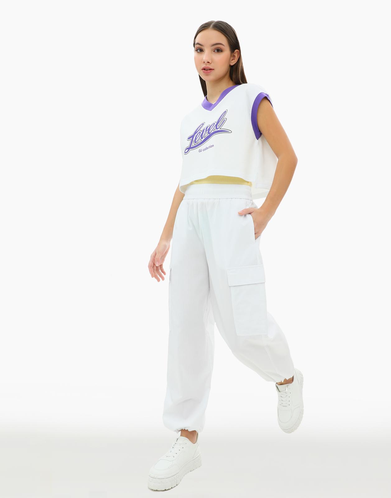 Белые брюки-трансформеры с карманами-карго для девочки р.116