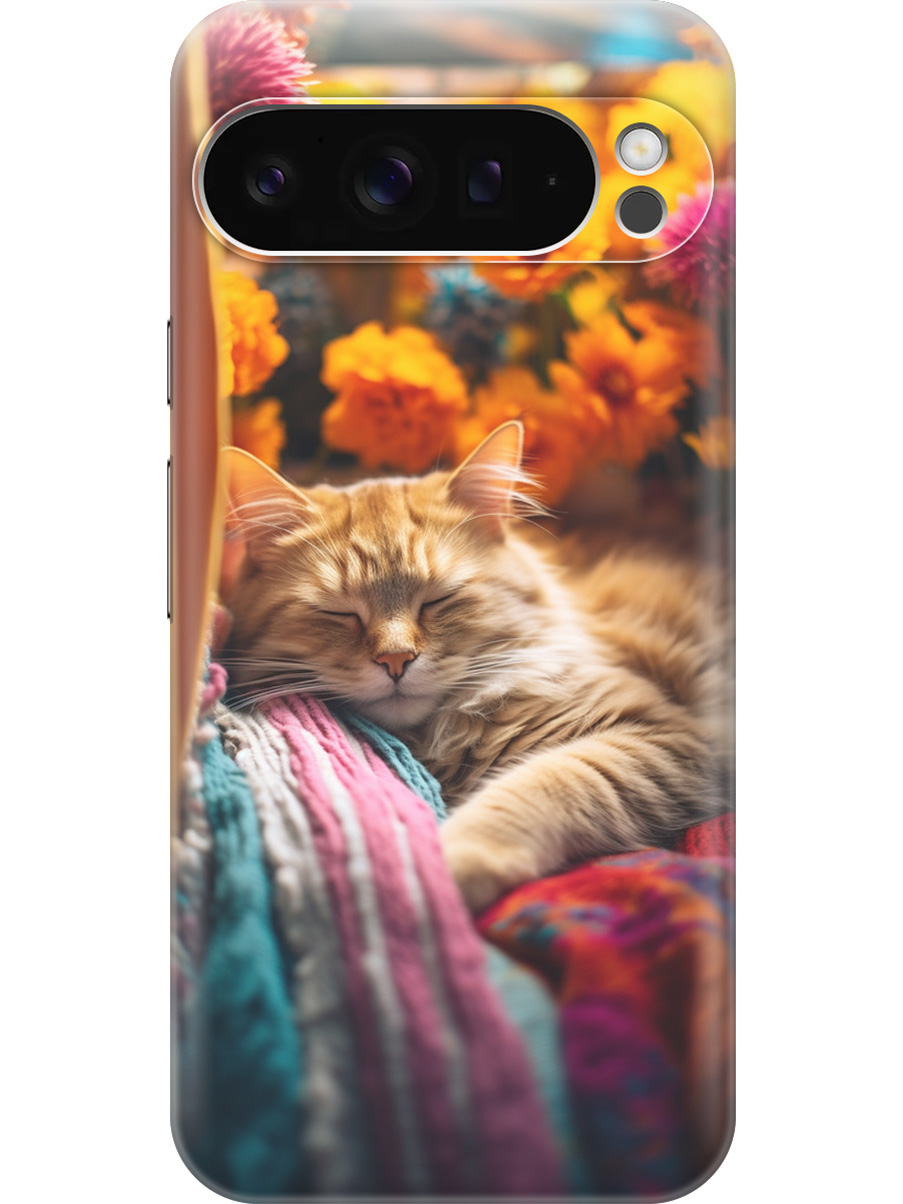 

Силиконовый чехол на Google Pixel 9 pro с принтом "Спящий на пледе котик", Прозрачный;белый;желтый, 784810311