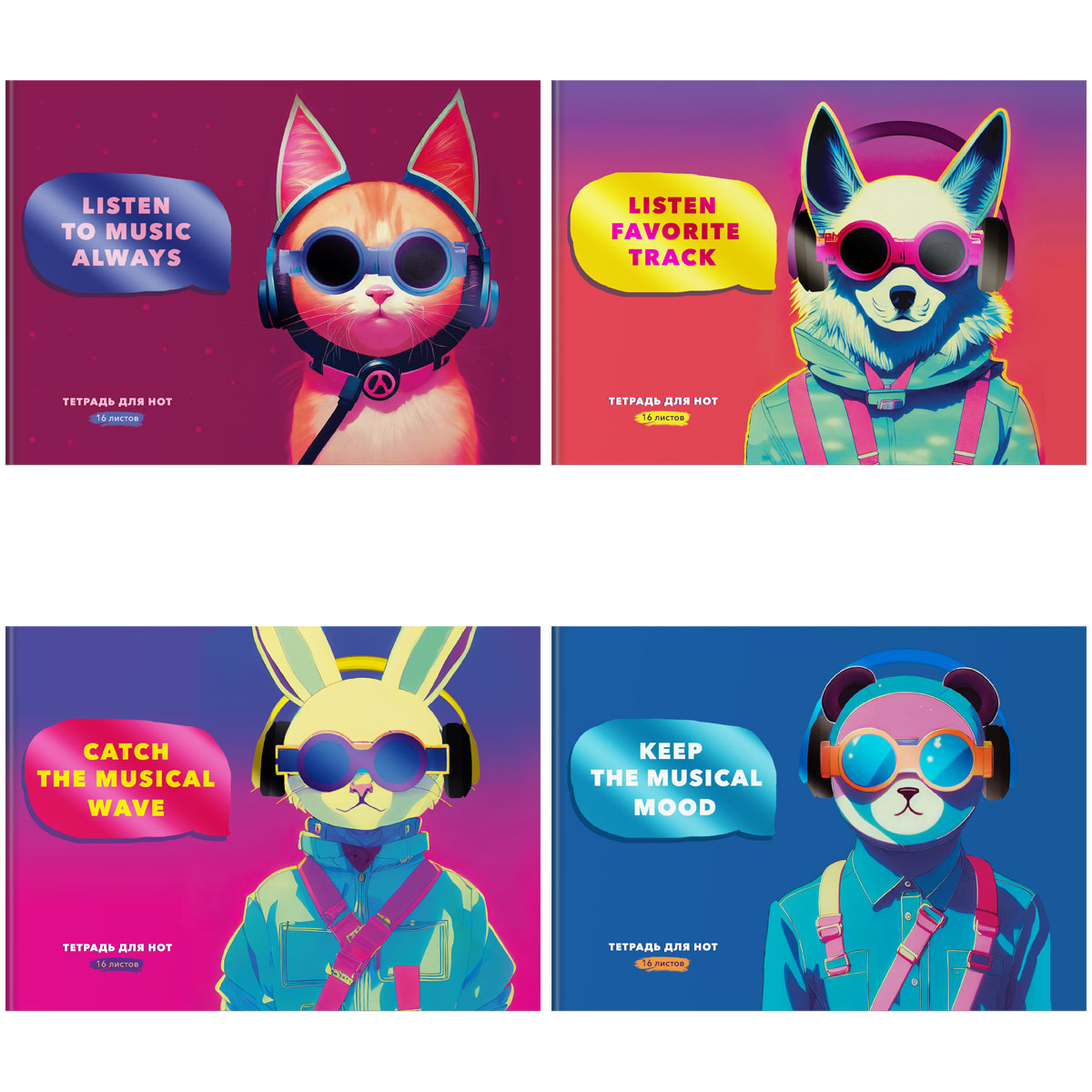 

Тетрадь для нот 16л., А4, на скрепке BG Musical animals, выборочный УФ-лак, 12шт.