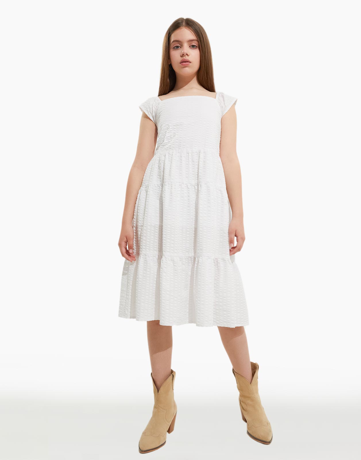 Белое платье-трапеция с рукавами-крылышками для девочки 9-10л/140 (35)