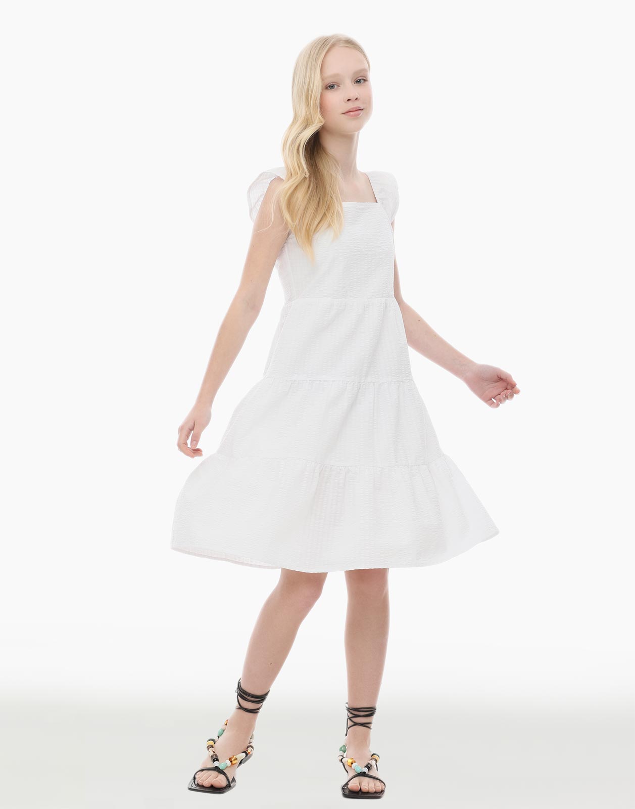 Белое платье-трапеция с рукавами-крылышками для девочки 11-12л/152 (38)