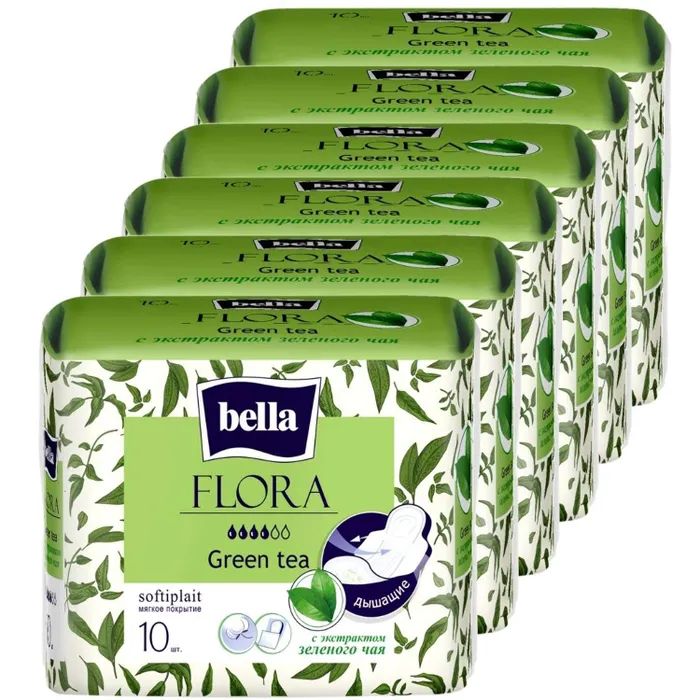 Прокладки женские bella FLORA Green tea с экстрактом зеленого чая, 10 шт. х 6 уп./ 60 шт. Россия белый