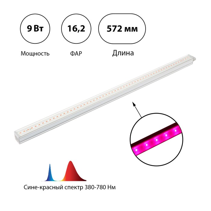 

ЭРА Фитосветильник светодиодный, 9 Вт, 572 мм, сине-красный спектр, фиолетовый, ЭРА