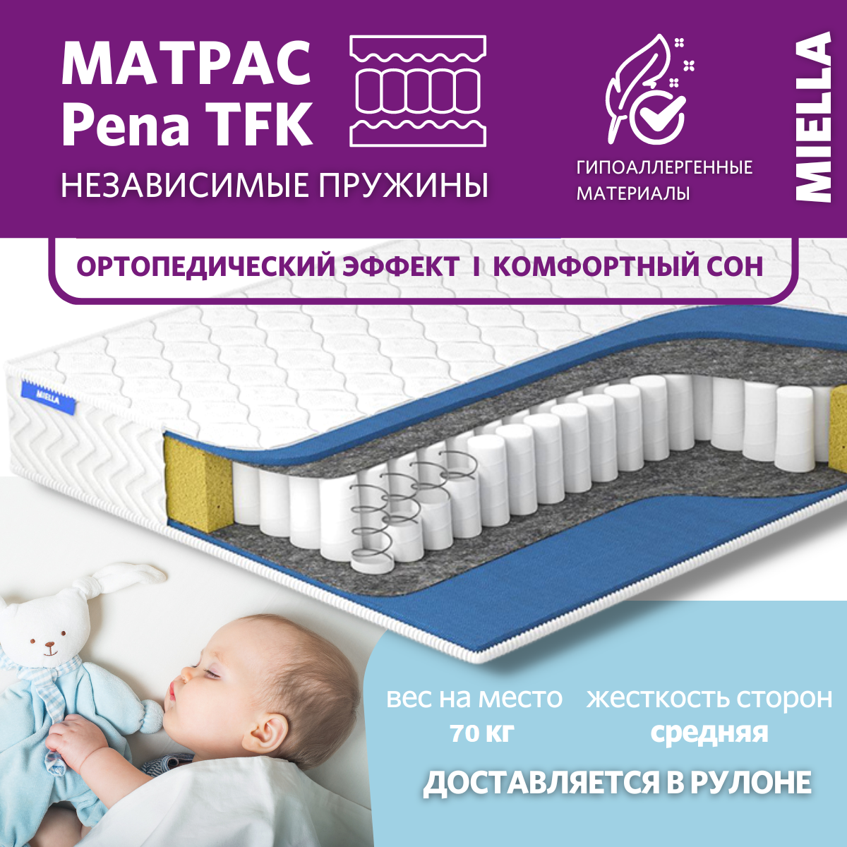 

Детский матрас пружинный Miella Pena TFK анатомический, съемный чехол 70х140 см, Белый, Pena TFK