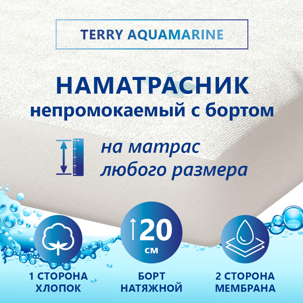 Наматрасник защитный CORRETTO Terry Aquamarine, непромокаемый 190х220