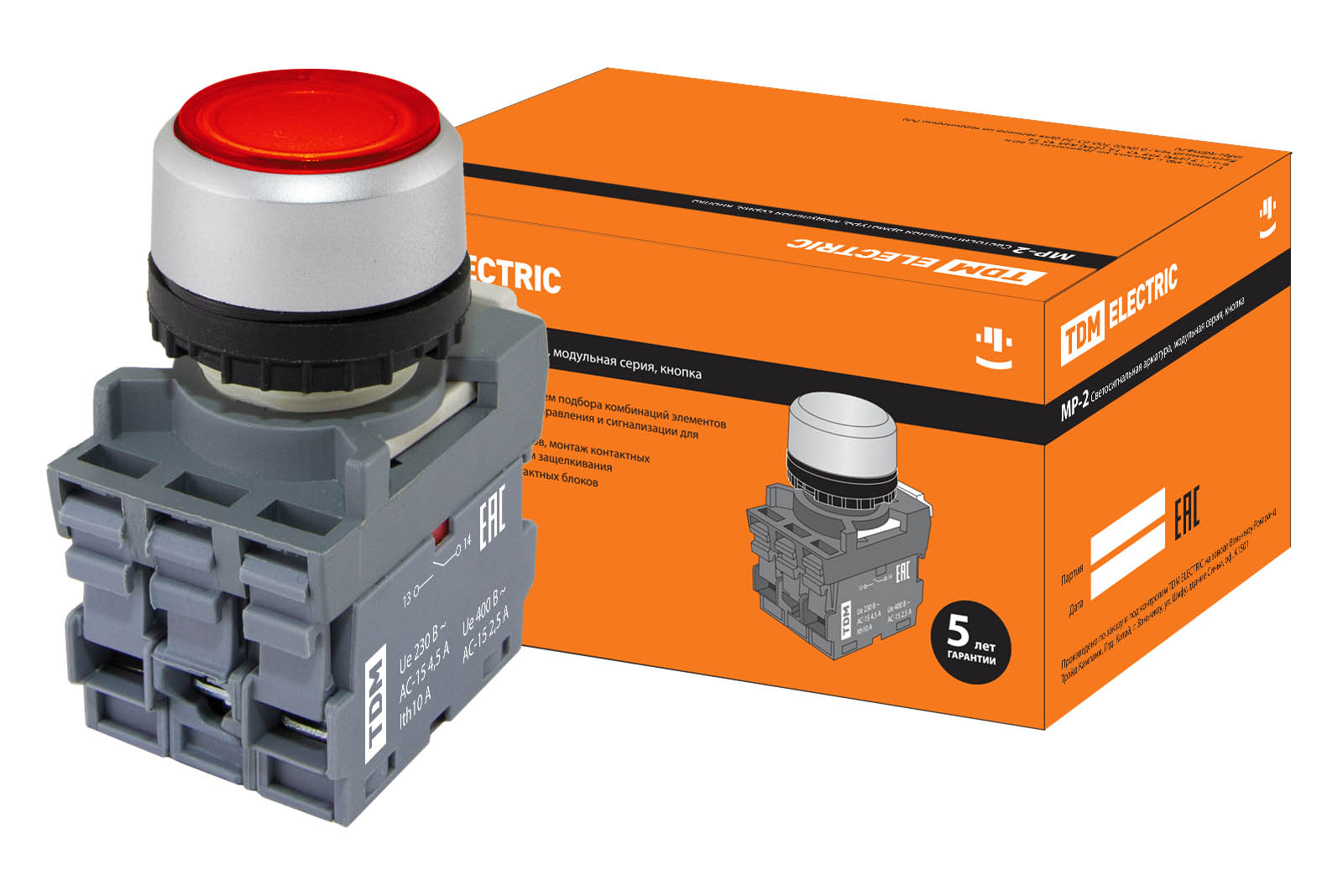фото Кнопка mp2-21r(led) в сборе d22мм/220в 1з+1р красная tdm sq0747-0021 tdm electric