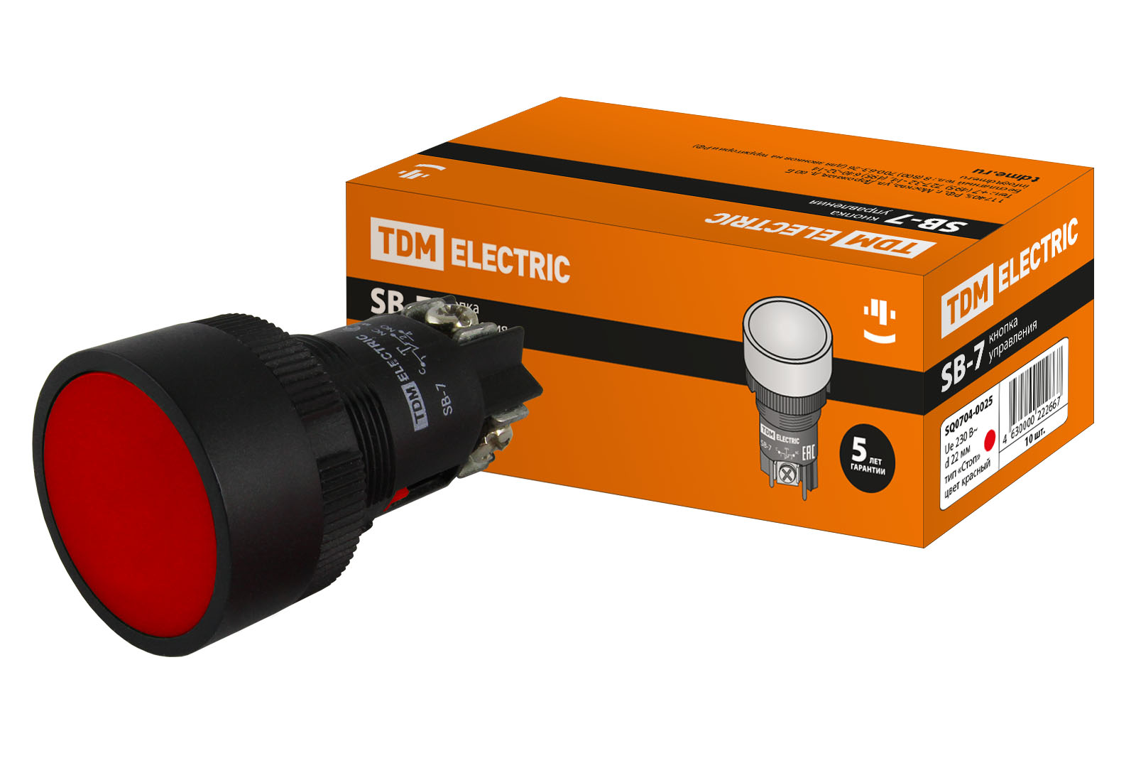 Кнопка TDM ELECTRIC Стоп с возвратом, 1НЗ, d22 мм, красная, IP40 SQ0704-0025