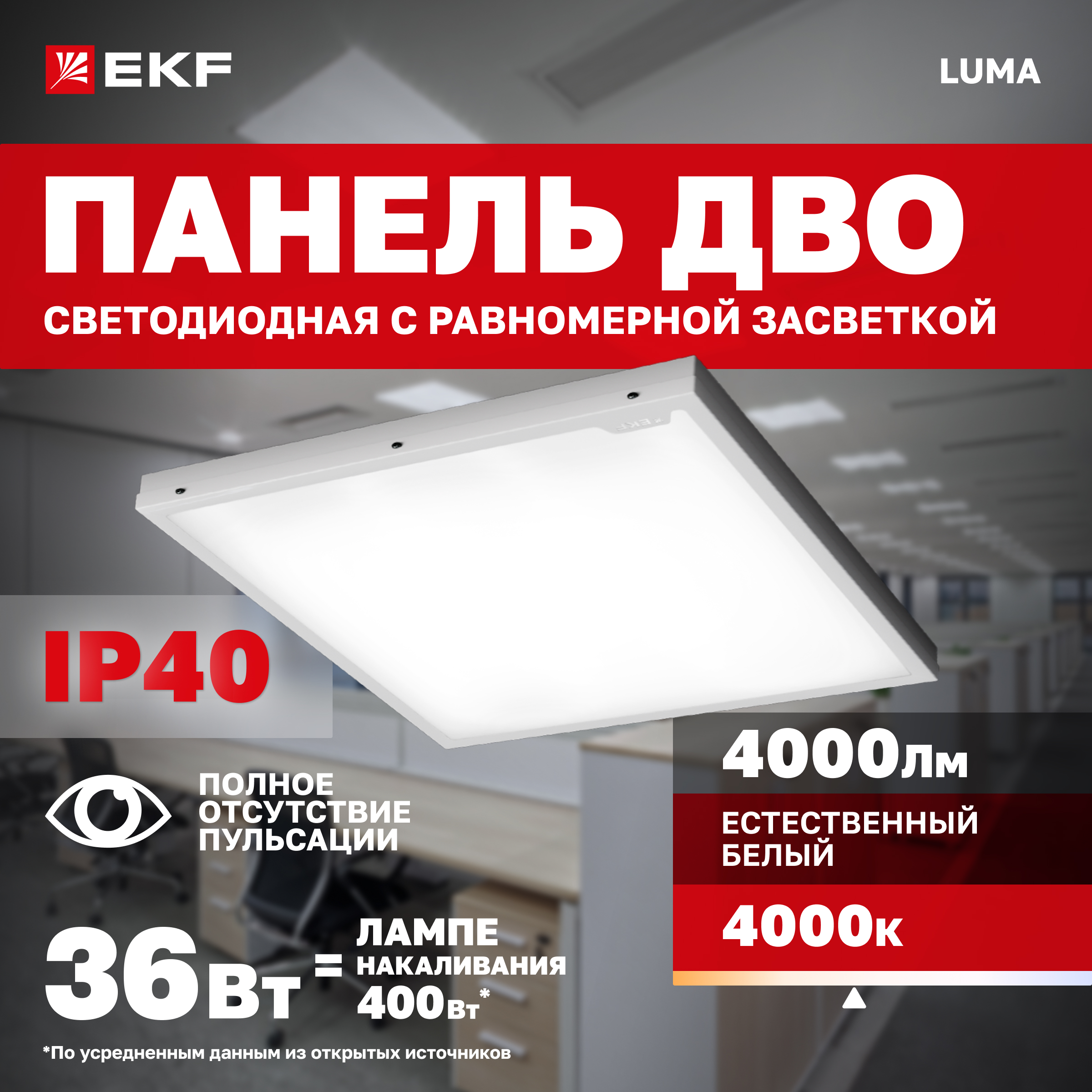 

Панель светодиодная EKF ДВО-1002 Опал равномерн. 36Вт 4000К 595х595х50 IP40, ДВО-1002 Опал равномерн. 36Вт 4000К