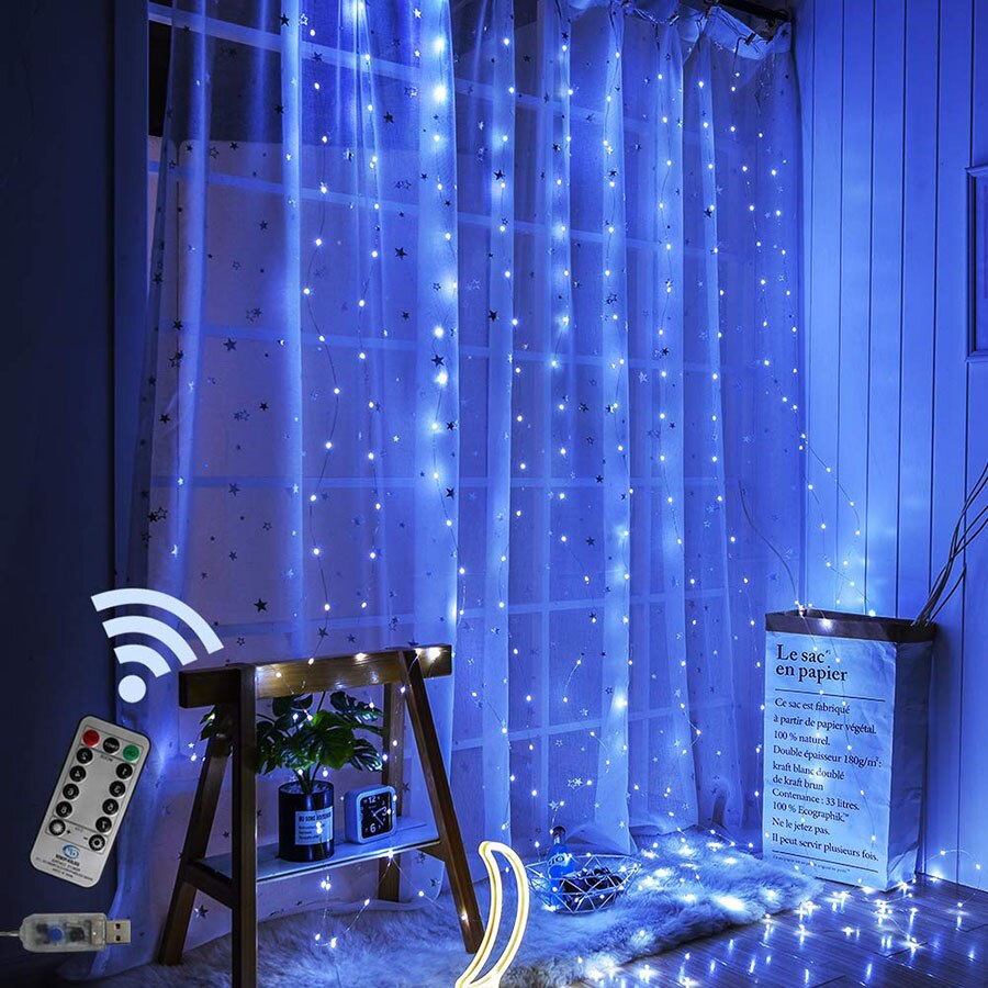 фото Новогодняя интерьерная светодиодная гирлянда штора-занавес с пультом, 3 х 3 синий baziator
