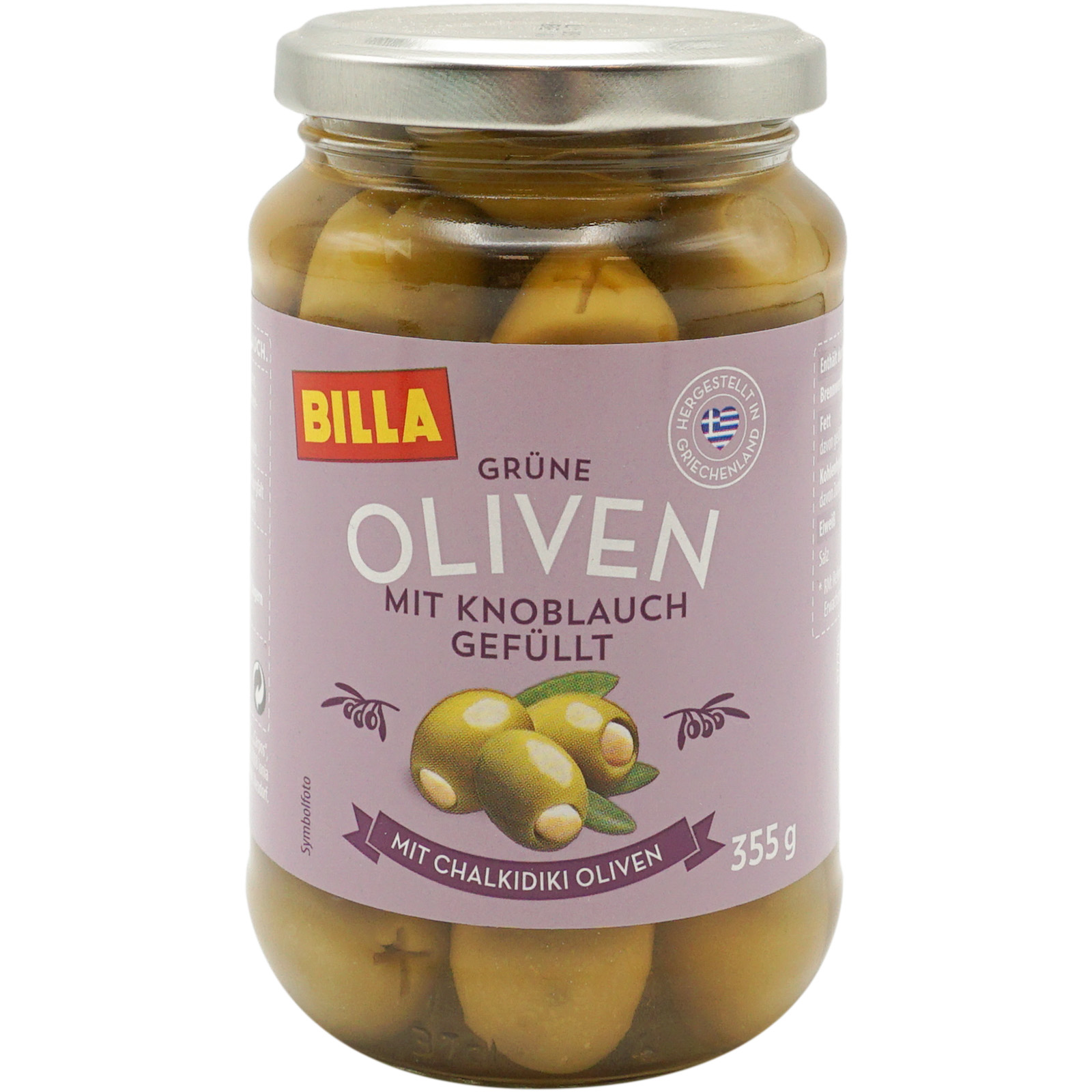 

Оливки Billa зеленые фаршированные чесноком 355 г