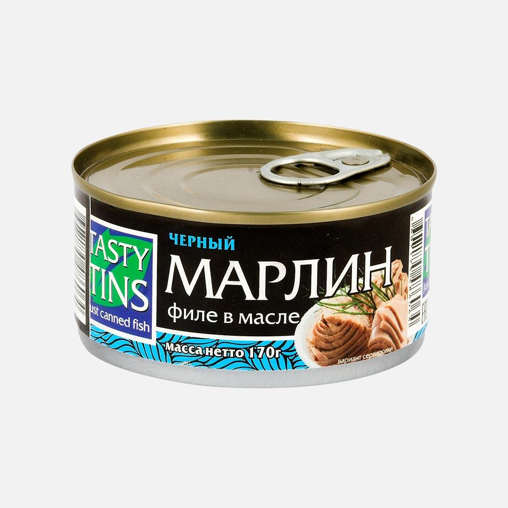 фото Марлин tasty tins чёрный, филе, в масле, 170 г