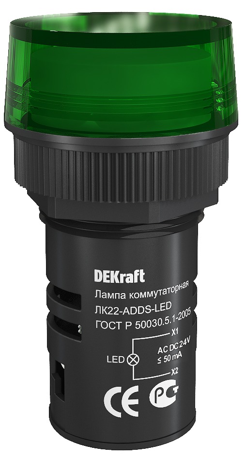 фото Лампа adds диаметр 22мм светодиодная зеленый 24в ac/dc лk-22 25065dek dekraft