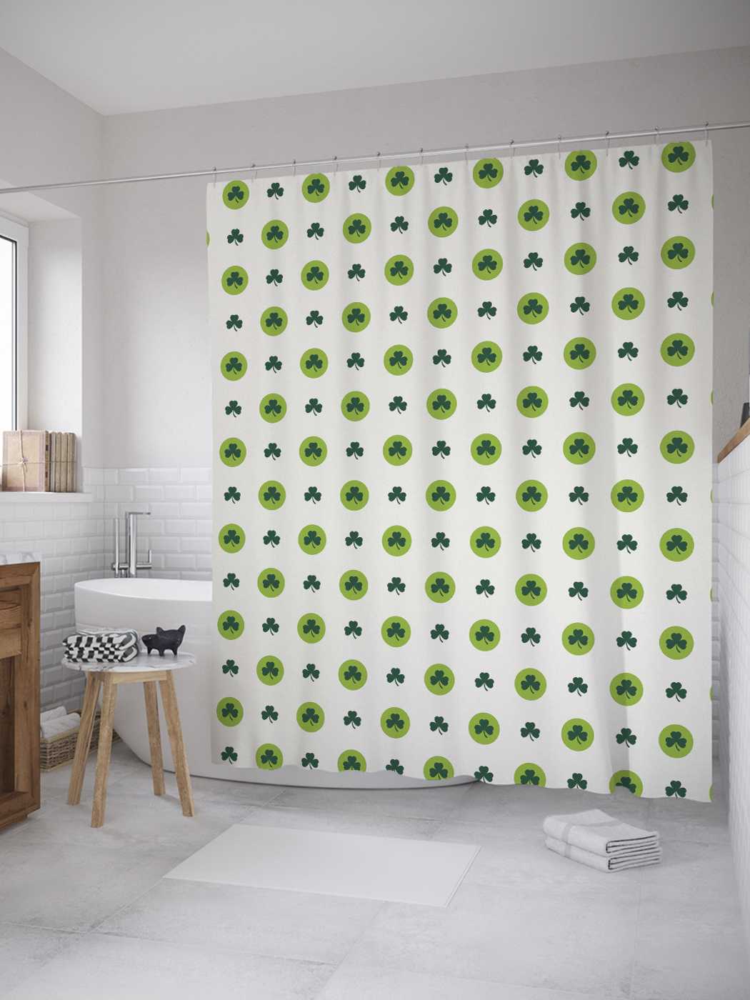 

Штора (занавеска) JoyArty для ванной "Клевер в кружках" из сатена, 180х200 см с крючками, Белый