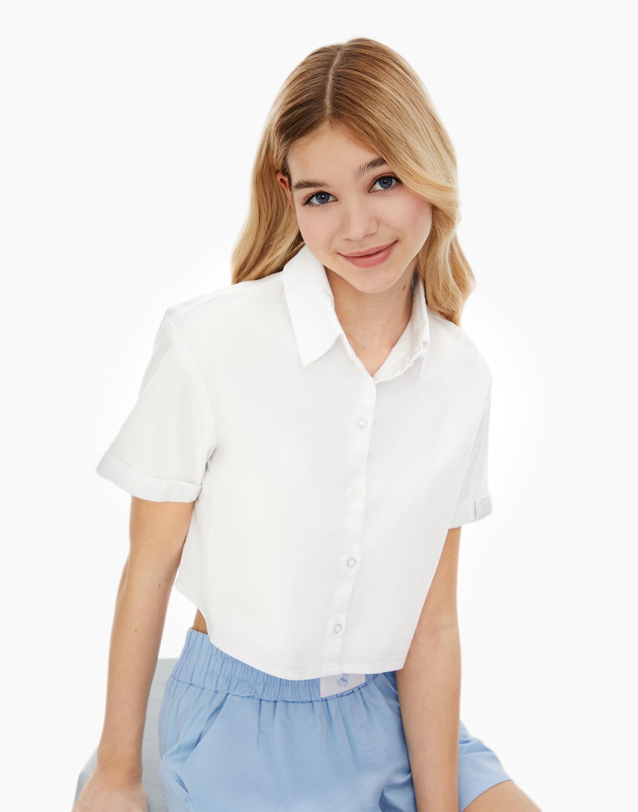 Белая рубашка с коротким рукавом для девочки р.152