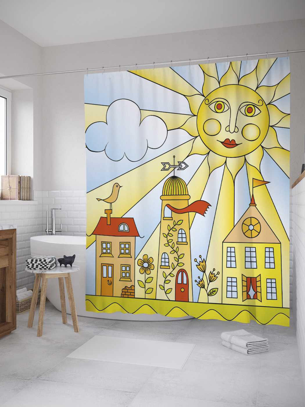 

Штора (занавеска) JoyArty для ванной "Город под солнцем" из сатена, 180х200 см с крючками, Бежевый