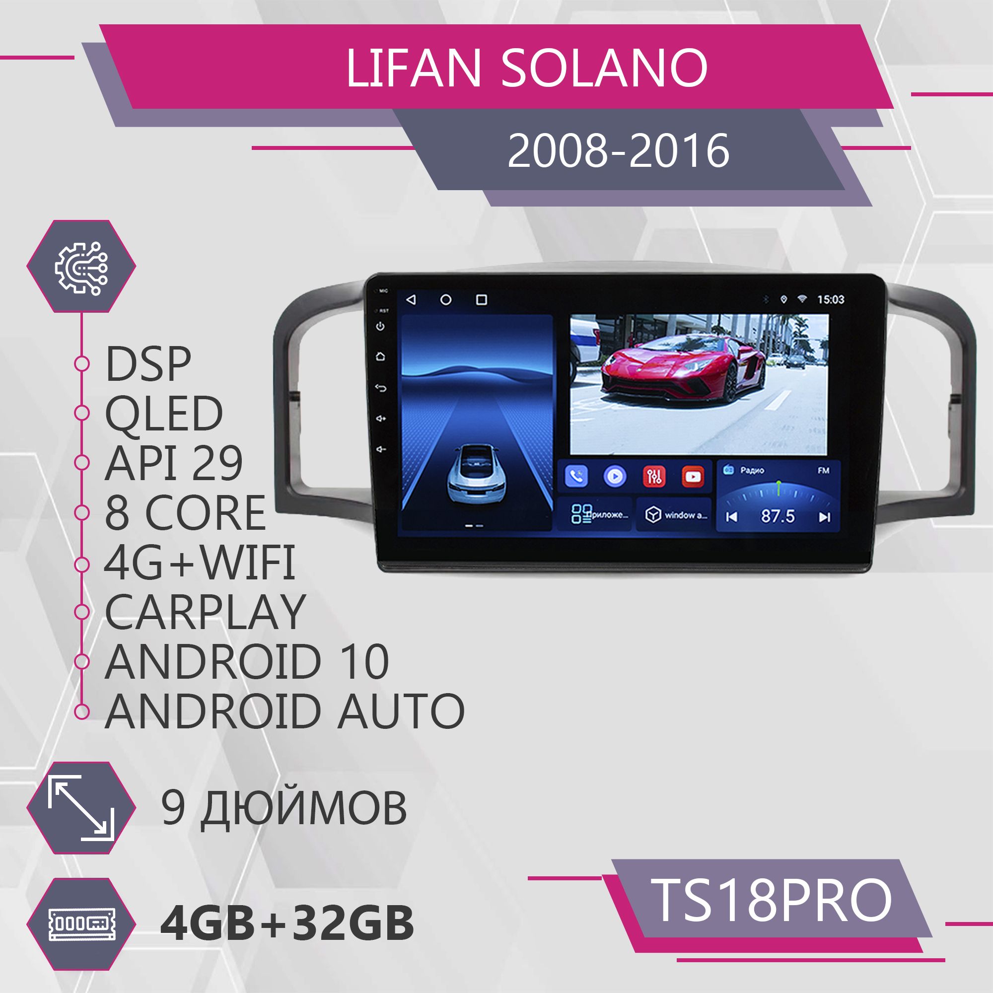 

Штатная магнитола TS18Pro/4+32GB/для Lifan Solano/Лифан Солано магнитола Android 10 2din г, TS18PROLSolano