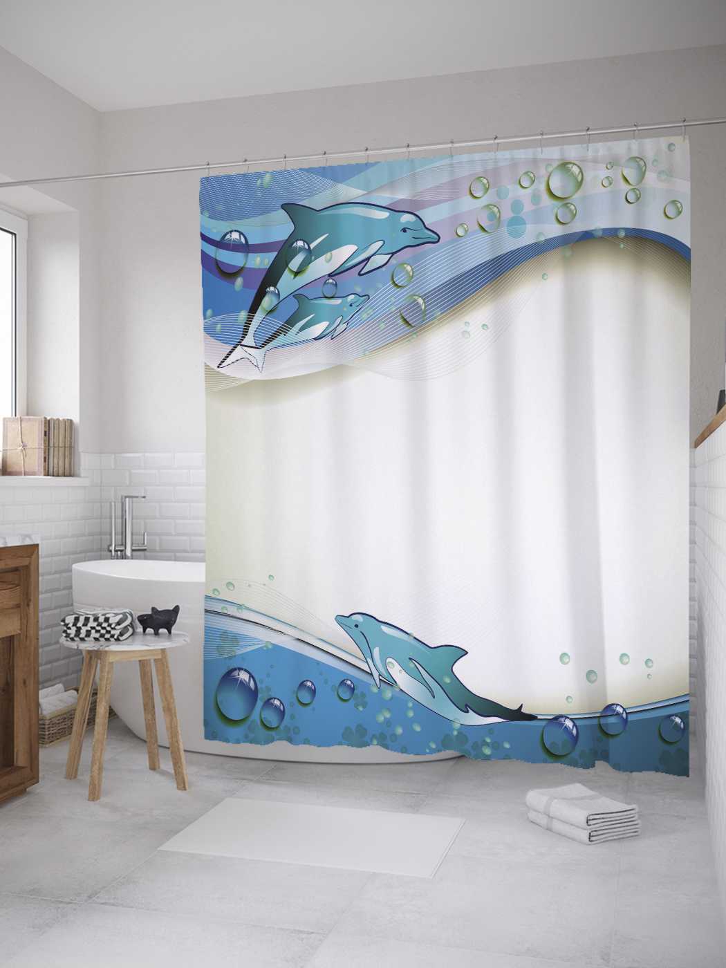 

Штора (занавеска) JoyArty для ванной "Игры дельфинов" из сатена, 180х200 см с крючками, Бежевый