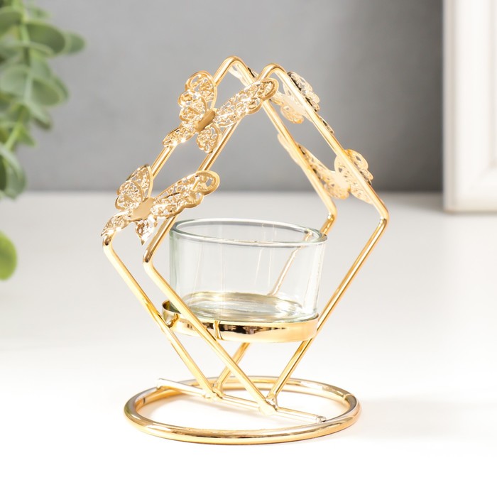 фото Подсвечник металл, стекло на 1 свечу ромб с бабочками d-4 см золото 7,5х11х11,5 см nobrand
