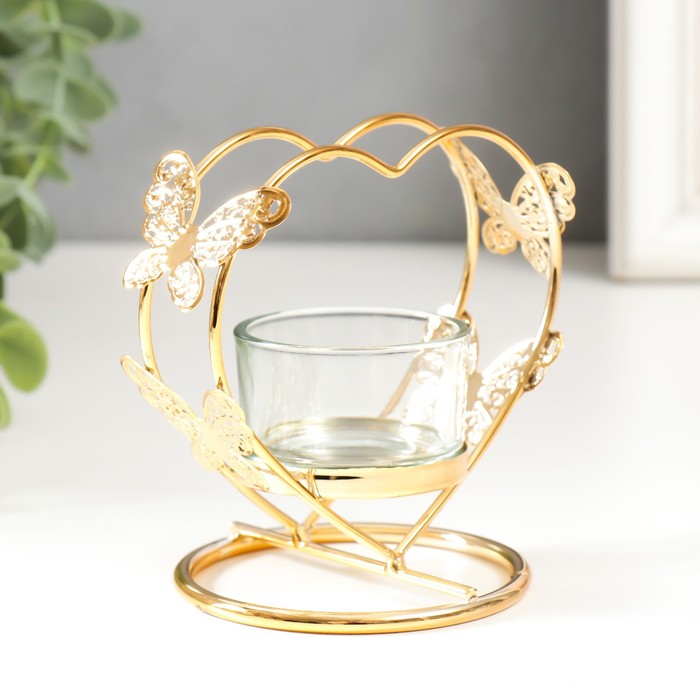 фото Подсвечник металл, стекло на 1 свечу сердце с бабочками d-4 см золото 7,5х10х10 см nobrand