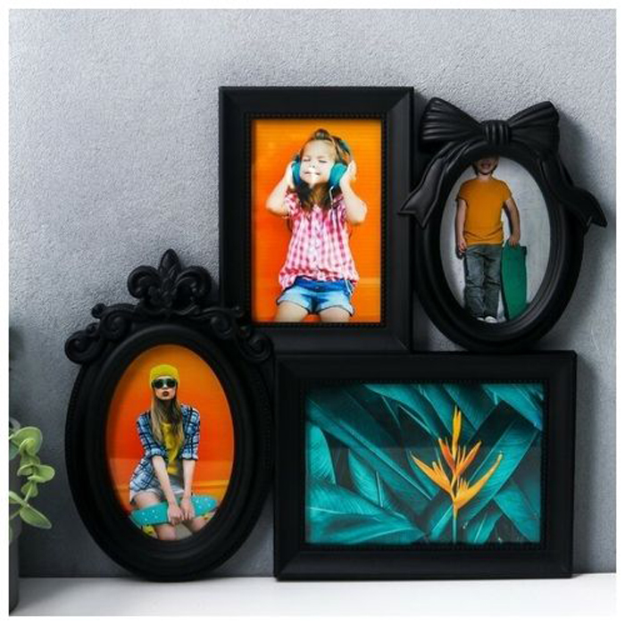 Фоторамка пластик на 4 фото 9х13, 10х15, 13х18 см Бант и вензель чёрная 35,5х38 см