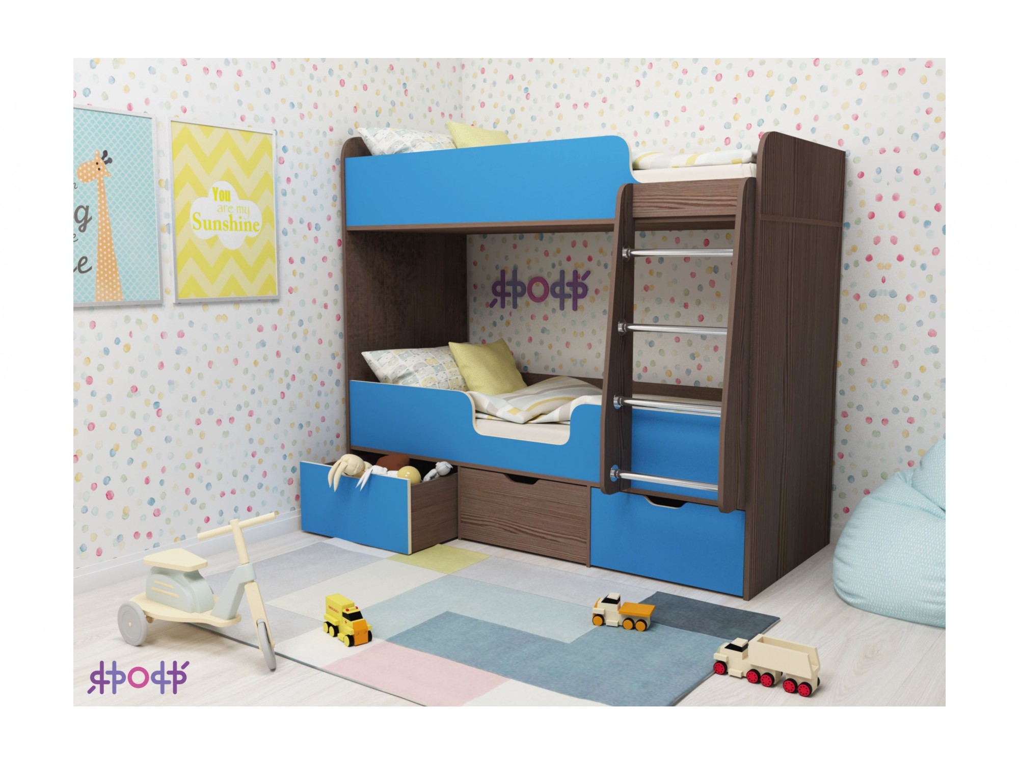 

Кровать двухъярусная Малыш Двойняшка (Голубой, Бодего темный)