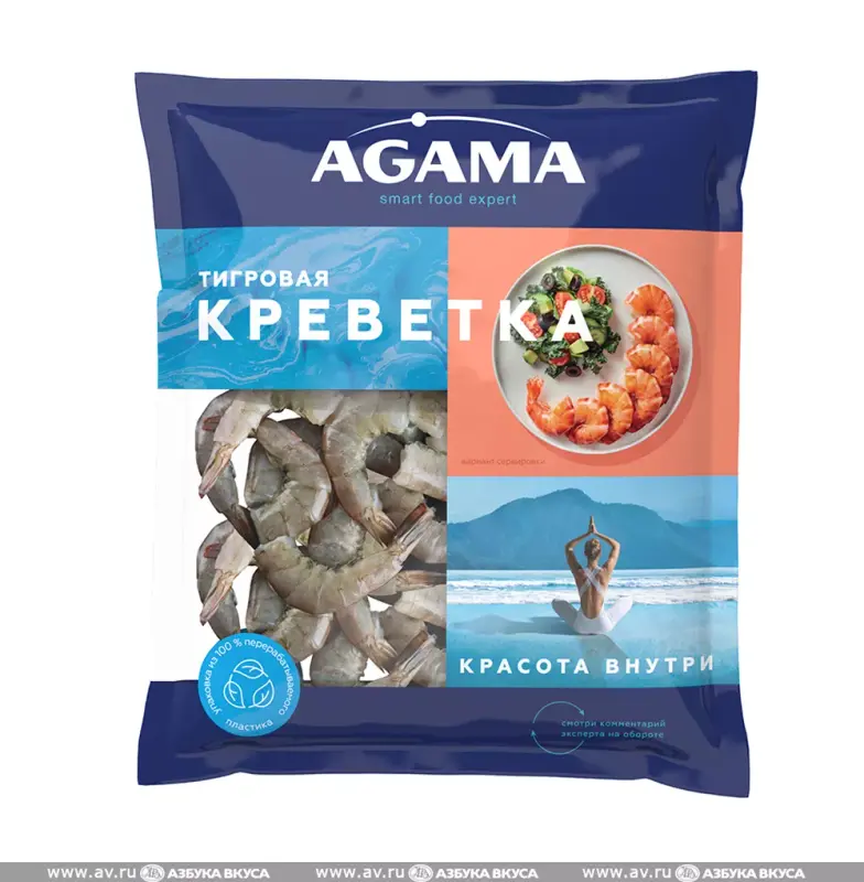 Креветки Agama тигровые, №8, без головы, сыро-мороженые, 400 г