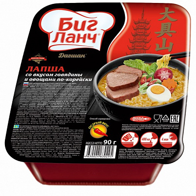 

Лапша Биг Ланч со вкусом говядины и овощами по-корейски быстрого приготовления 90 г