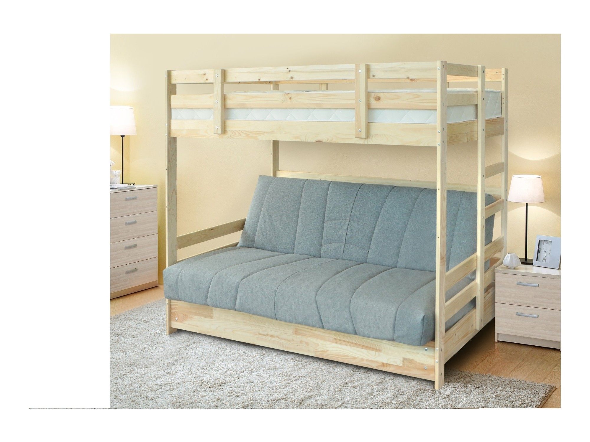 Детская двухъярусная кровать с диваном Боровичи массив (90 и 120) (Malcom 20, Натуральный)