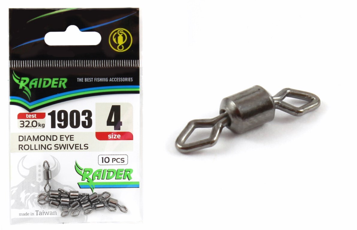 

Вертлюг RAIDER DIAMOND EYE ROLLING SWIVELS (уп.10шт) №4 (test 32.0кг), для рыбалки