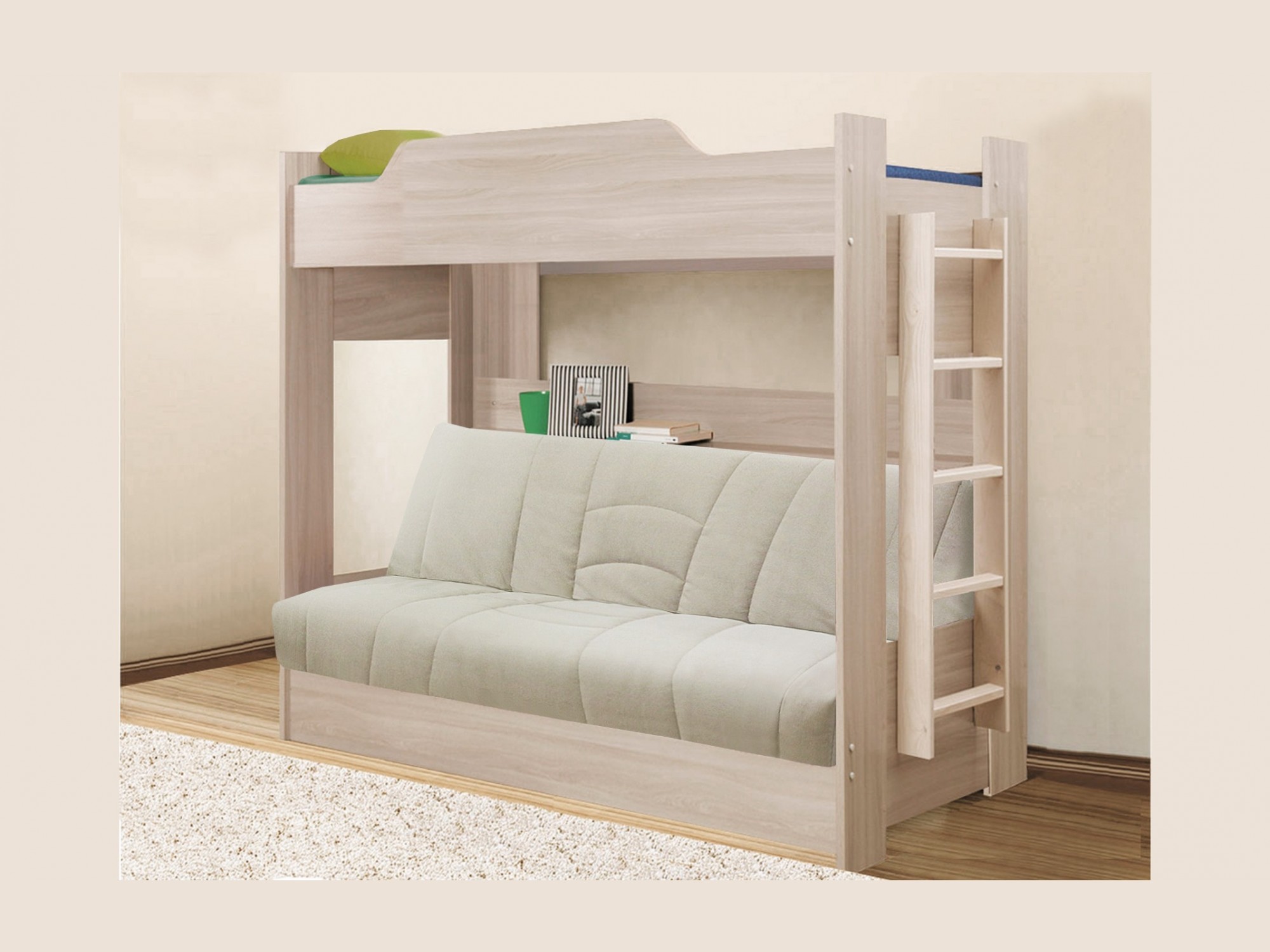 Детская двухъярусная кровать с диваном Боровичи (90 и 120) (Cover 83, Ясень шимо светлый)