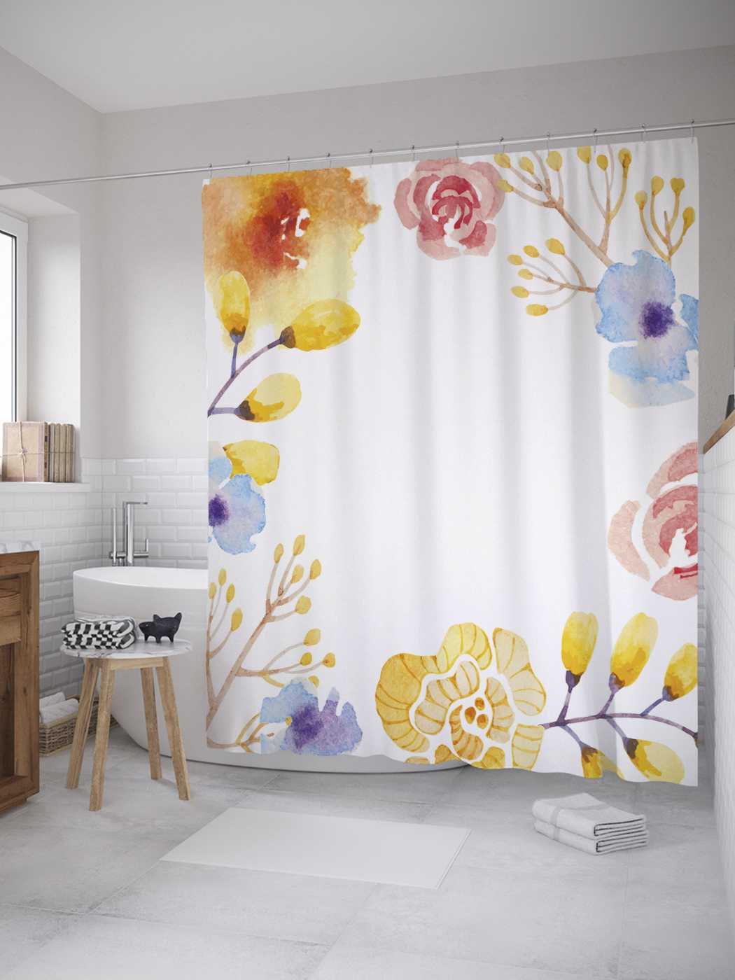 фото Штора joyarty для ванной "акварельная рамка цветов" из сатена, 180х200 см с крючками