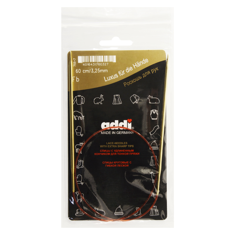 

Спицы д/вязания Addi круговые позолоч с удлиненным кончиком, 3,25 мм, 60 см 755-7/3.25-60, Золотистый, С удлиненным кончиком