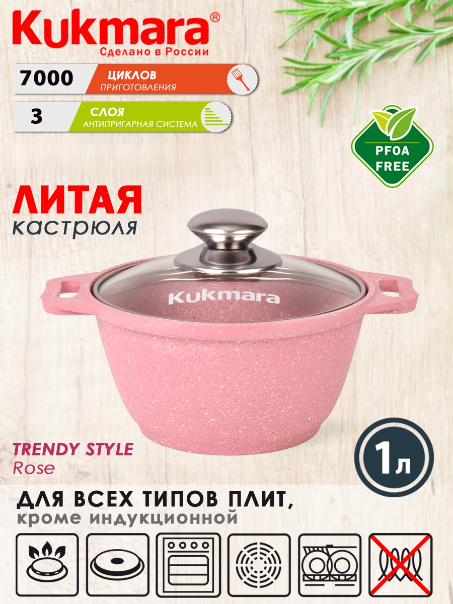 Кастрюля ТМ KUKMARA литая 1л стеклокерамика Trendy style rose к11tsr