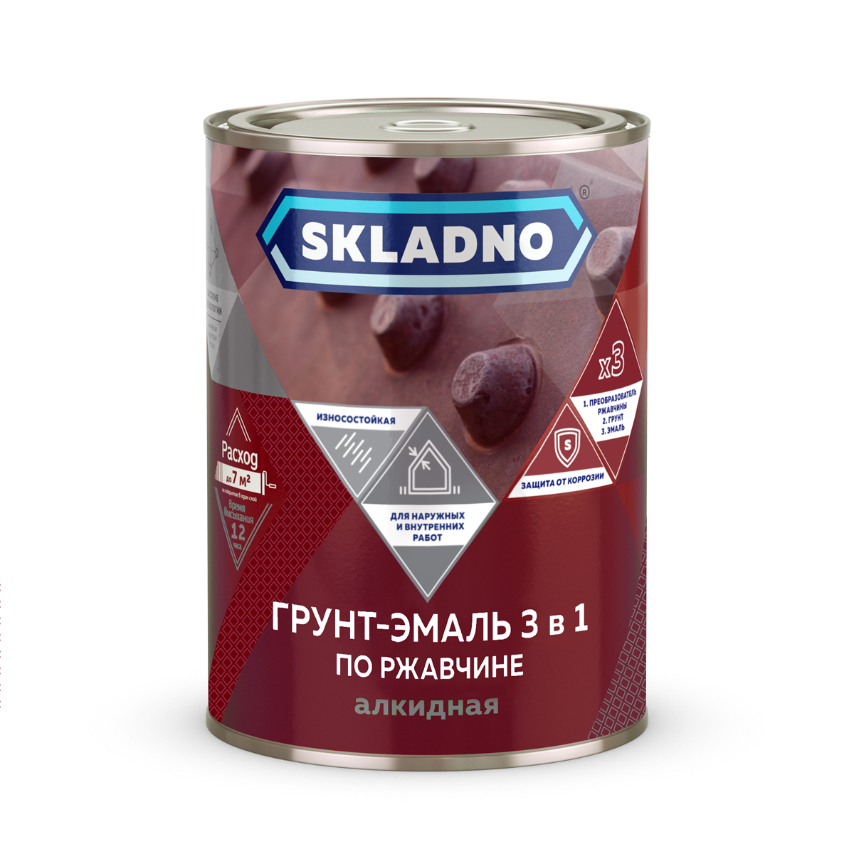 фото Грунт- эмаль по ржавчине "skladno" 3 в 1 красно-коричневый 1,8 кг (1/6)